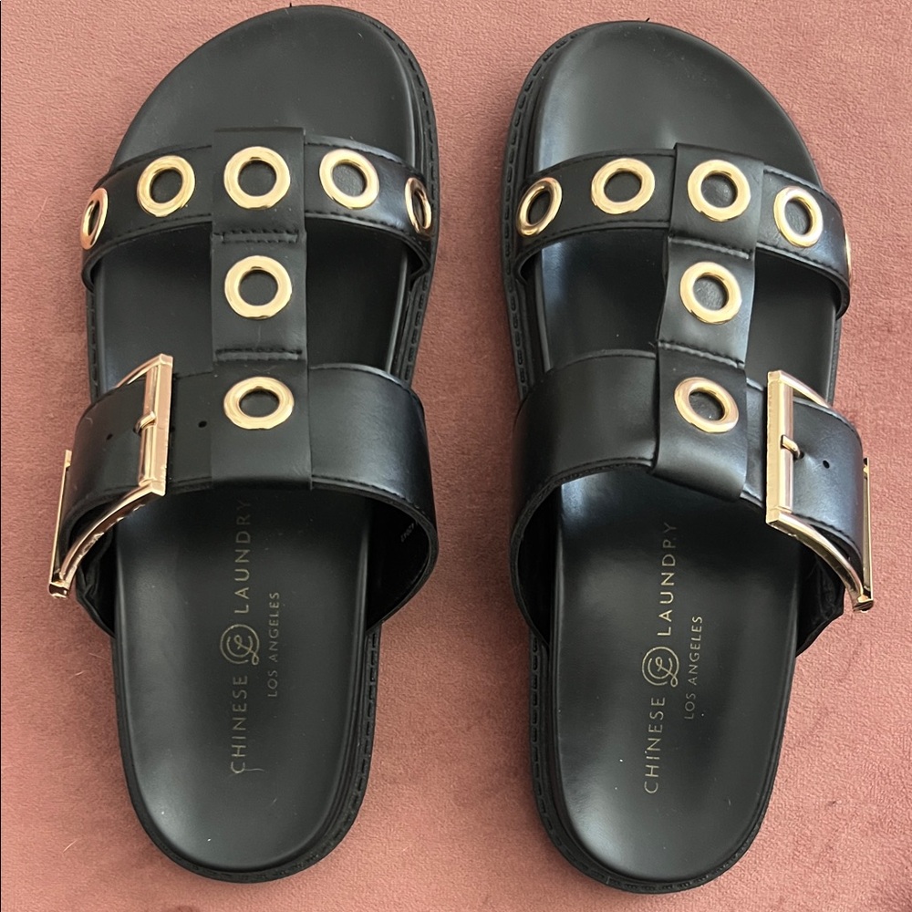 Chinese Laundry Black Sandals with Gold Buckles